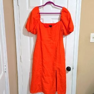 Banana Republic Bold Orange Puff Sleeve Midi Dress Sz 14